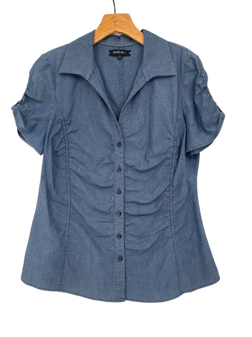 Lafayette 148 Blue Short-Sleeve size 10 Shirt Dotted Pattern Cotton